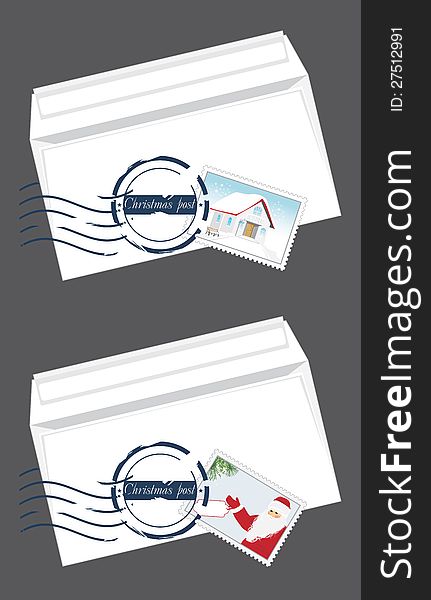 Christmas envelops with post stamps. Illustration