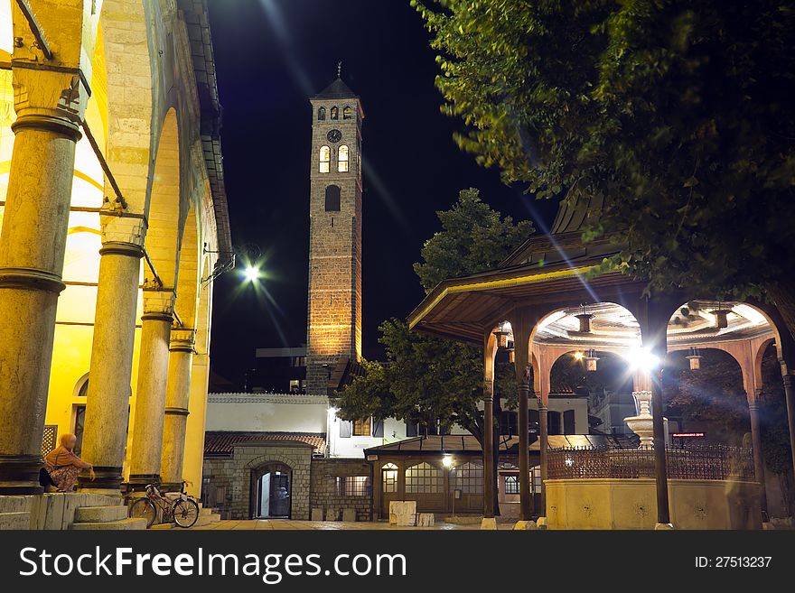 Historic Gazi Husrev Mosque in the old town of Sarajevo, the capital city of Bosnia and Herzegovina, at dusk