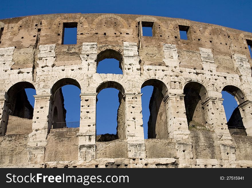 The Colosseum, the world famous landmark in Rome, vertical detail, Italy.