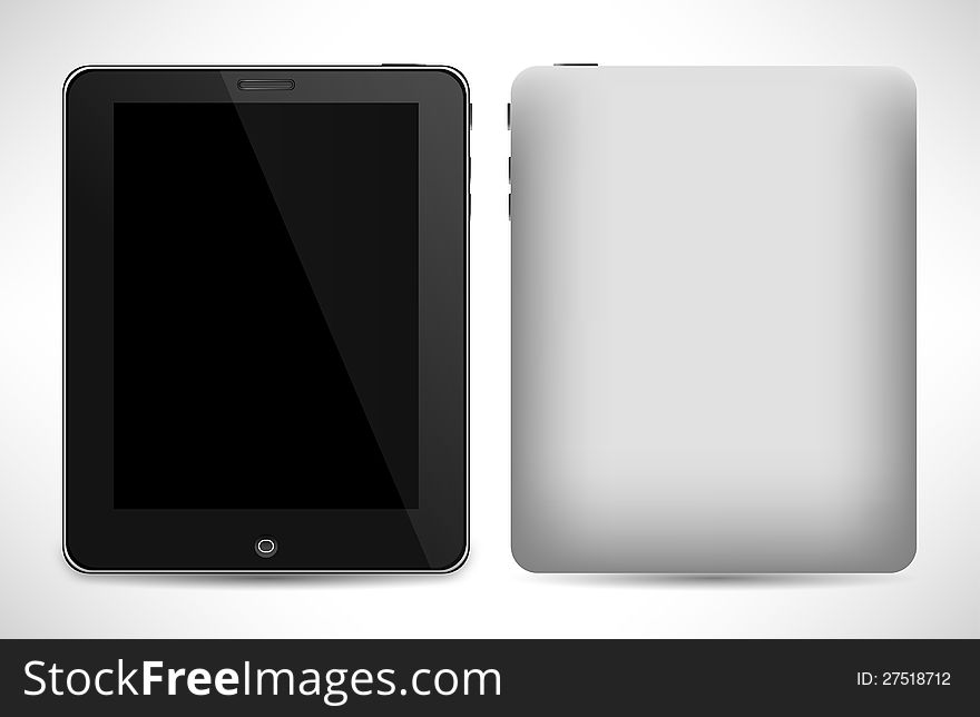 Realistic tablet pc computer with blank screen on white background. Vector illustration, eps 10