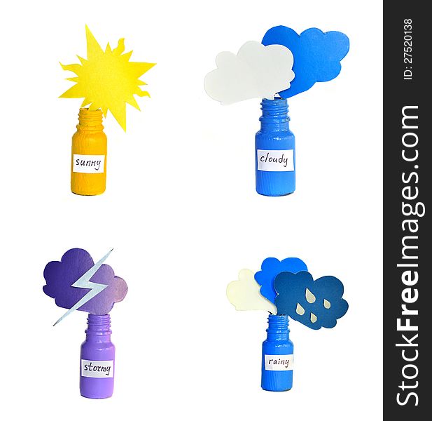 Painted bottles with weather icons on the white background