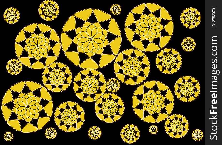 The modern Abstract Floral design in golden yellow on black background is ideal for wallpapers and backgrounds with its pretty circular motif in varying sizes. The modern Abstract Floral design in golden yellow on black background is ideal for wallpapers and backgrounds with its pretty circular motif in varying sizes.