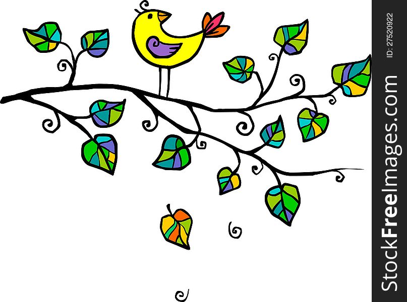 Cute yellow hand-drawn bird on the tree