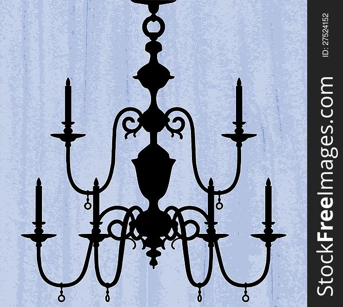 Silhouette of luxury chandelier on a scratched blue wallpaper/ template design of invitation with chandelier