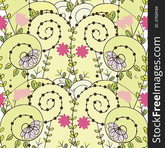 Vector delicate seamless background with flowers and spirals. Vector delicate seamless background with flowers and spirals