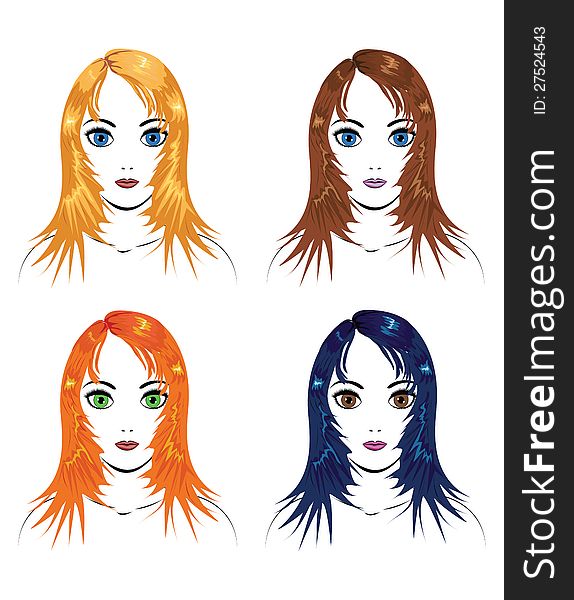 Illustration of four female with different color of hair. Illustration of four female with different color of hair.