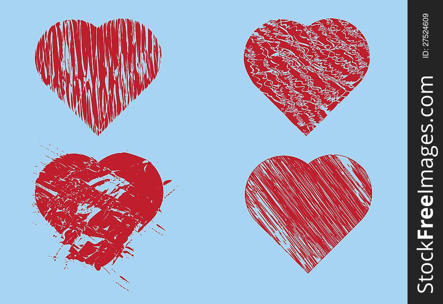 Set of red hand drawn hearts on blue background. Set of red hand drawn hearts on blue background