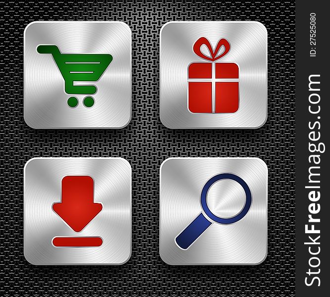 Set of shopping icons. Steel buttons over metallic textured background