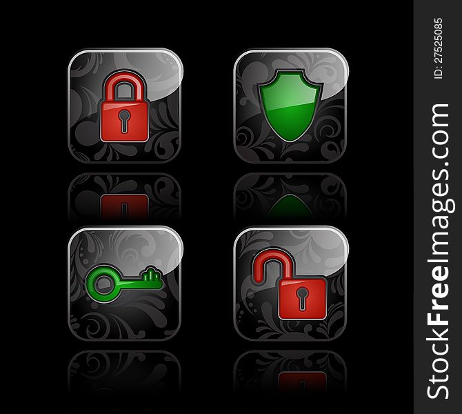 Set of security icons. Glossy floral button with refection on black background