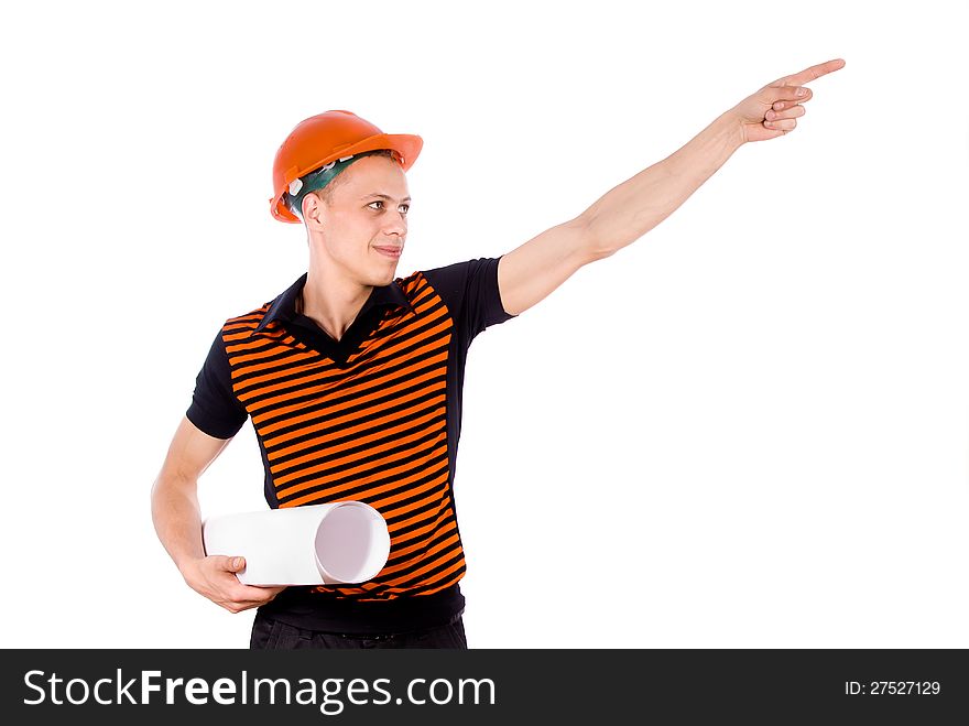 Young Builder in a helmet isolated on white background