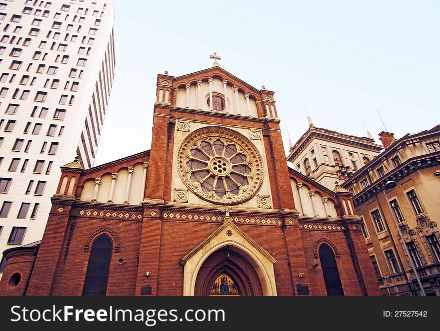 Saint Joseph Cathedral between buildings