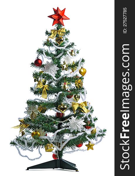 Homemade decorated Christmas tree on white background