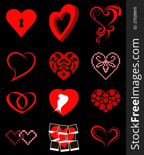 Set of red hearts on black background. Set of red hearts on black background