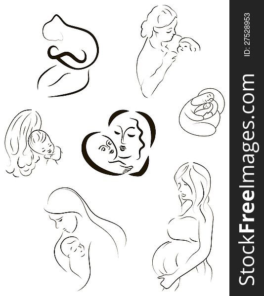 Vector sketches of Mothers and the babies. Vector sketches of Mothers and the babies