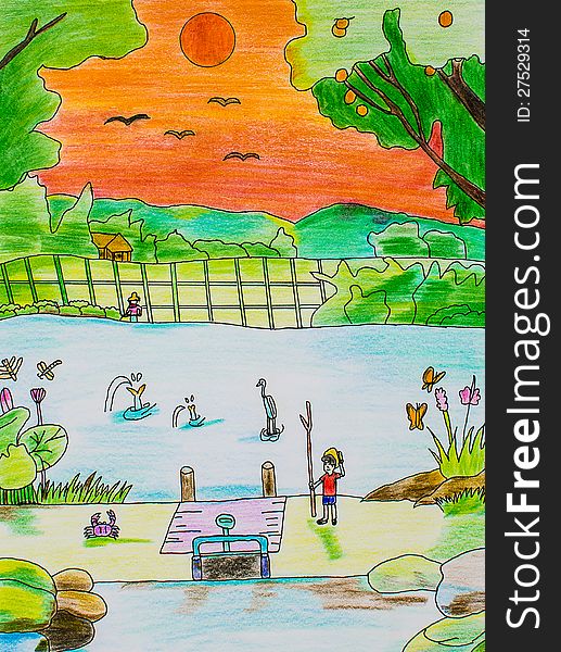 Beautiful scenery drawing with colored pencils by seven years old child. Beautiful scenery drawing with colored pencils by seven years old child