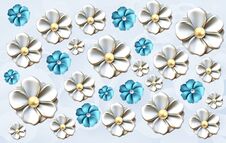 3d Floral Wallpaper. White, Blue, And Golden Pattern Flowers On A Light Background. Mural Art For Interior Home Wall Decor Royalty Free Stock Photo