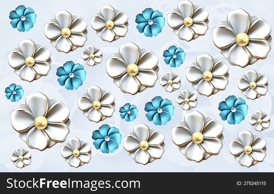 3d floral wallpaper. White, blue, and golden pattern flowers on a light background. Mural art for interior home wall decor