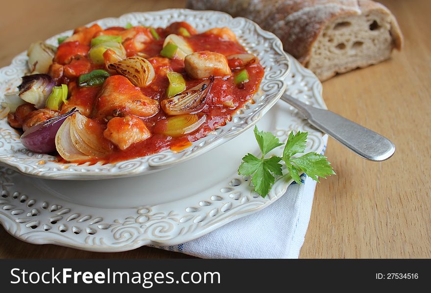 stew with meat ,vegetables and bread. stew with meat ,vegetables and bread