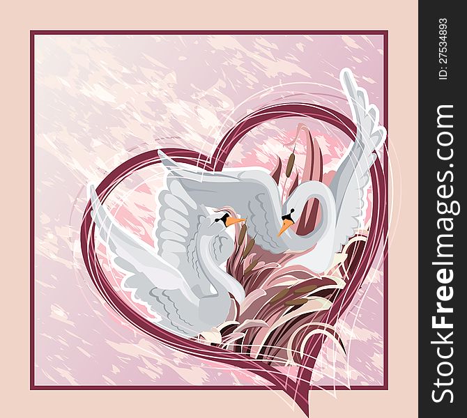 Two swans looking at each other in the hert shape. Postcard design template. Two swans looking at each other in the hert shape. Postcard design template