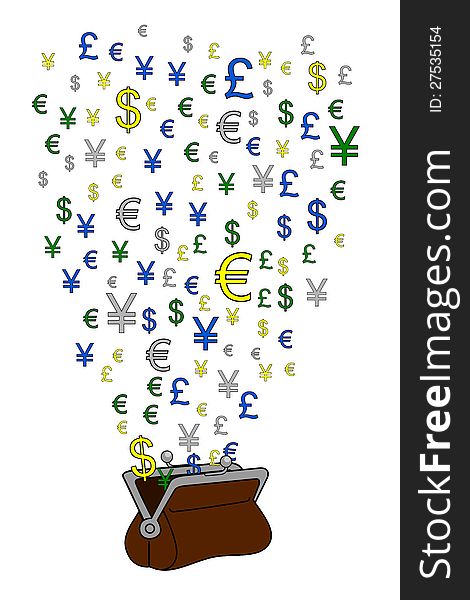 Wallet and currency signs euro dollar yen and pound. Wallet and currency signs euro dollar yen and pound.