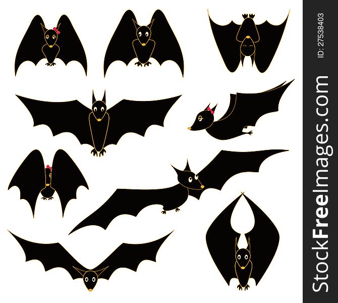 Illustration with set of funny cartoon bats. Illustration with set of funny cartoon bats