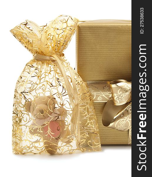 Golden Presents and Teddybear on white