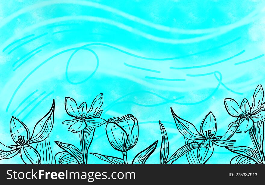 Water Color Background With Flower Line Art