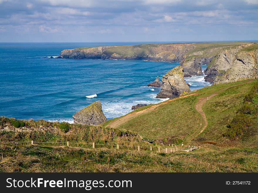 Carnewas & Bedruthan Steps on the North Cornish coast between Padstow and Newquay, in Cornwall, England, United Kingdom. Carnewas & Bedruthan Steps on the North Cornish coast between Padstow and Newquay, in Cornwall, England, United Kingdom