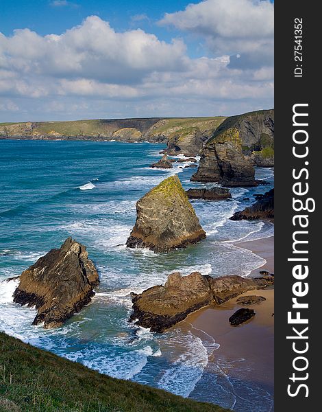 Carnewas & Bedruthan Steps on the North Cornish coast between Padstow and Newquay, in Cornwall, England, United Kingdom. Carnewas & Bedruthan Steps on the North Cornish coast between Padstow and Newquay, in Cornwall, England, United Kingdom