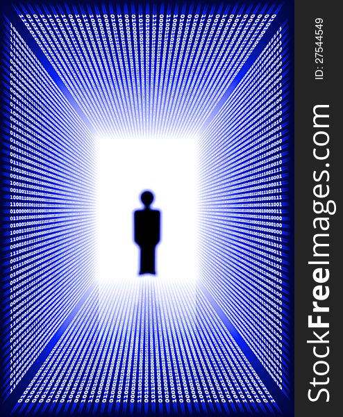 Dark blue rectangular digital corridor shined in the distance and blurred silhouette of a person standing in a doorway and reflection on a floor. Dark blue rectangular digital corridor shined in the distance and blurred silhouette of a person standing in a doorway and reflection on a floor