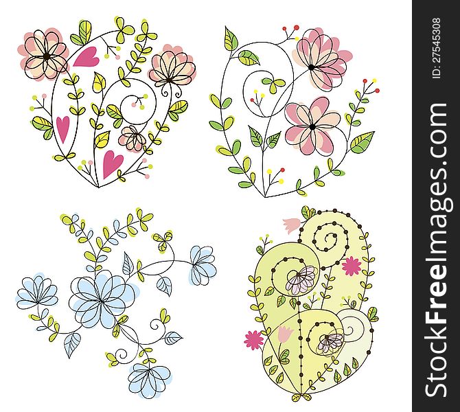 Floral set with flowers and leaves