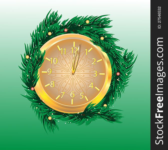 gold clock is decorated by fir-tree branches on a green background. gold clock is decorated by fir-tree branches on a green background