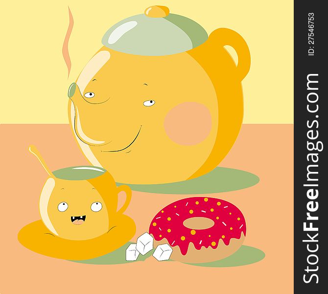 Illustration of a cartoon teapot with a cup and a donut. Illustration of a cartoon teapot with a cup and a donut.