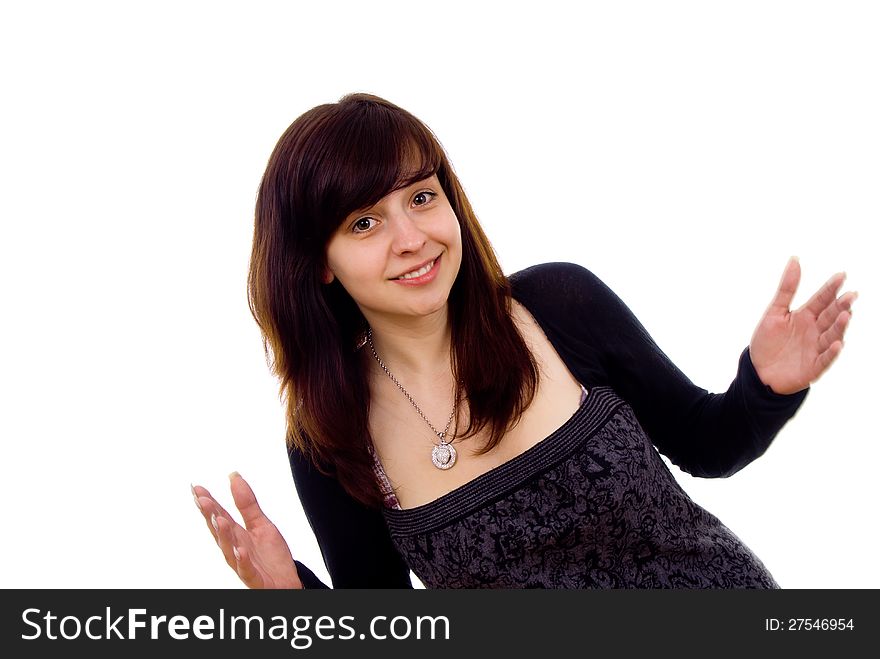 Beautiful girl spreads his hands isolated on white background