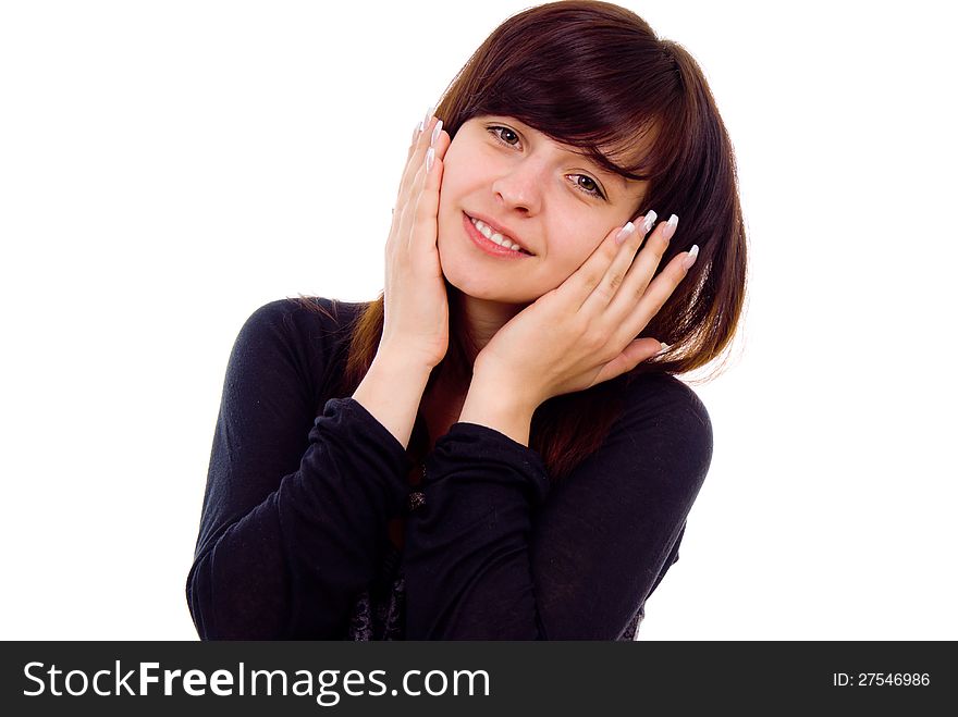 Beautiful girl shows surprise isolated on white background