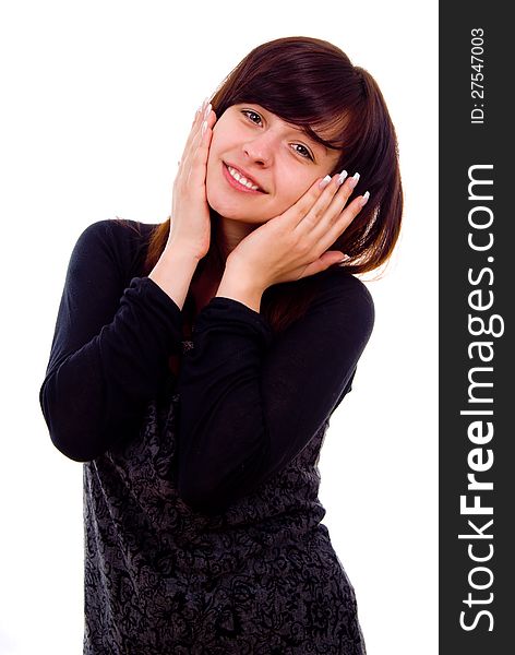 Beautiful girl shows surprise isolated on white background