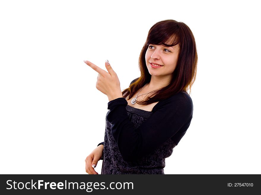 Beautiful girl shows hand isolated on white background