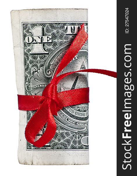 One dollar back side tied up a red bow.