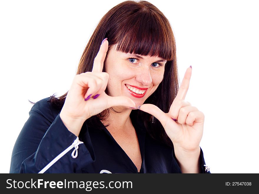 Beautiful girl posing shows the frame, isolated on white background