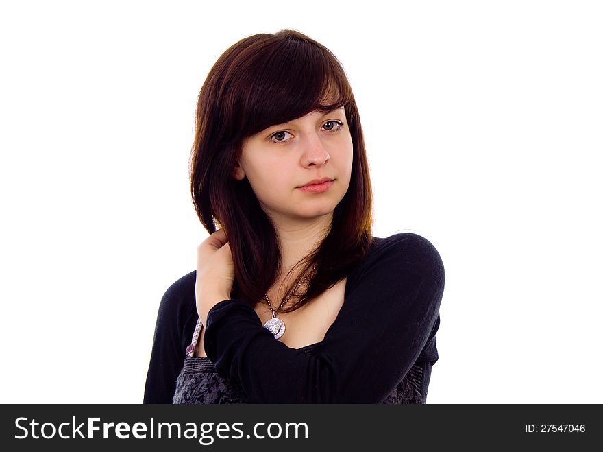 Beautiful girl poses isolated on white background