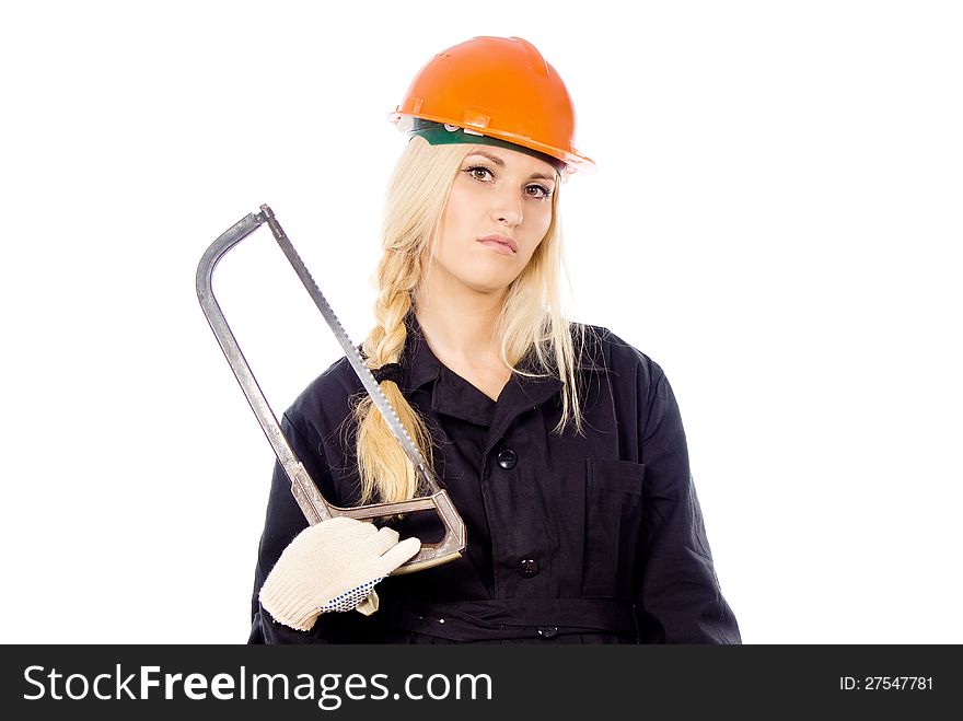 Beautiful girl Builder keep the saw for metal isolated on white background