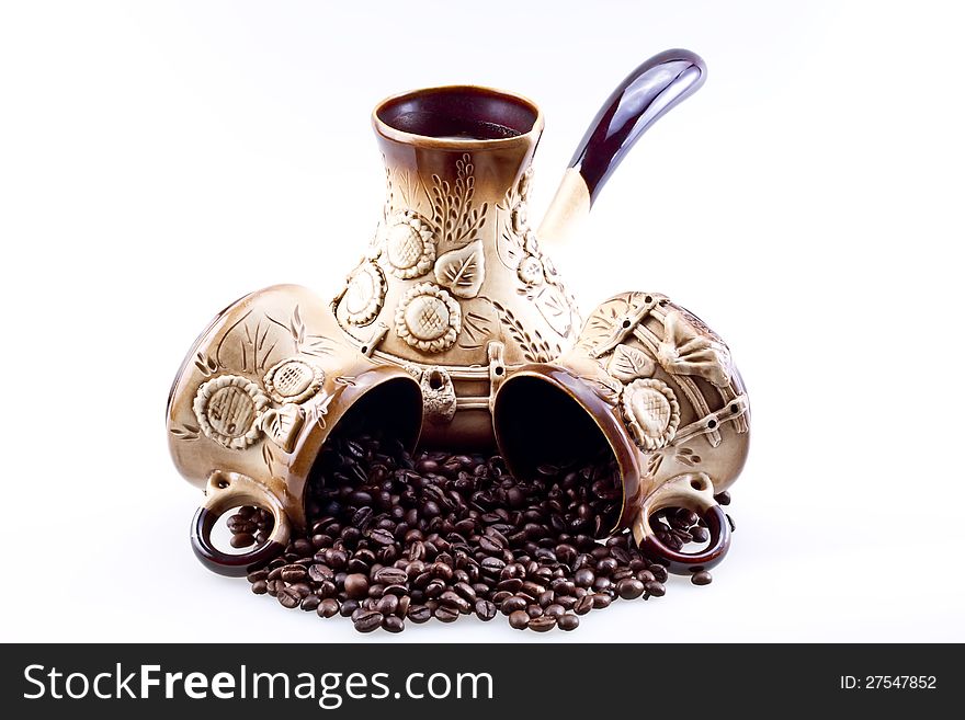 Hand made coffee pot with cups