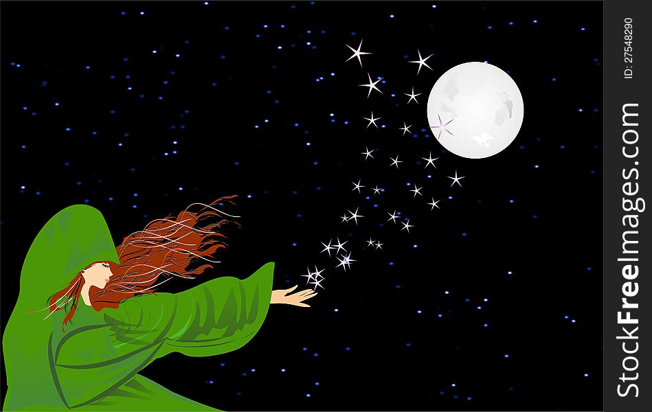 Composition showing the girl leaving stars. Composition showing the girl leaving stars