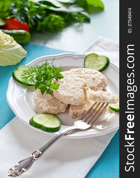 Dietary Cutlets on Pair on a White Plate with Pieces of Cucumber. Dietary Cutlets on Pair on a White Plate with Pieces of Cucumber