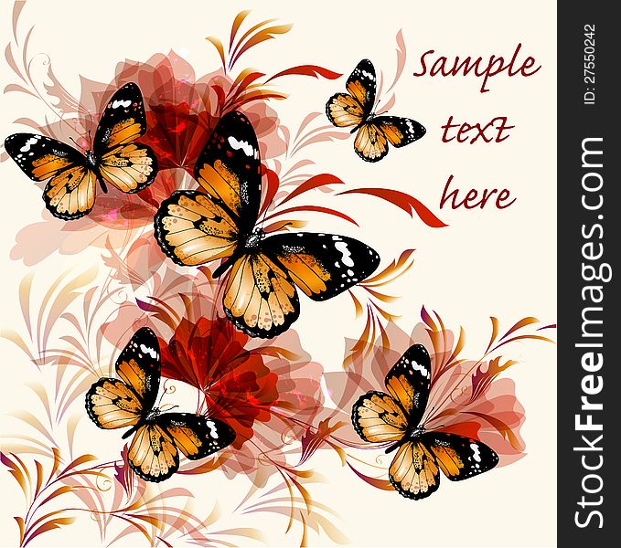 Vector illustration with butterflies
Background with floral ornament and realistic vector butterflies