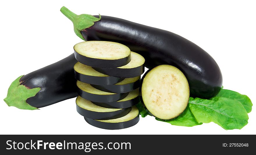 Aubergine decorated with lettuce leaves, isolated on white background