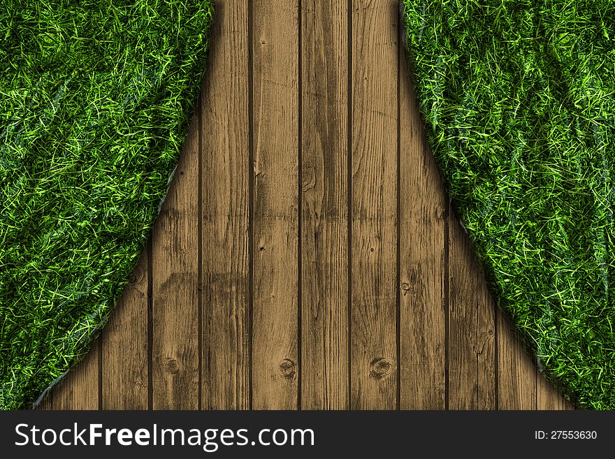 Wooden wall with a curtain of grass