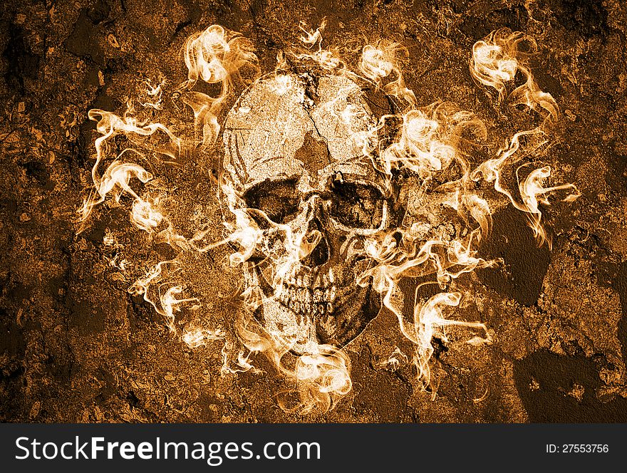 Grunge wall with a skull surrounded by fire and smoke. Grunge wall with a skull surrounded by fire and smoke