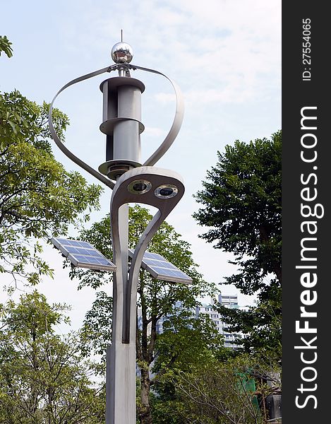 Garden lamp with wind power and solar power panel. Garden lamp with wind power and solar power panel.
