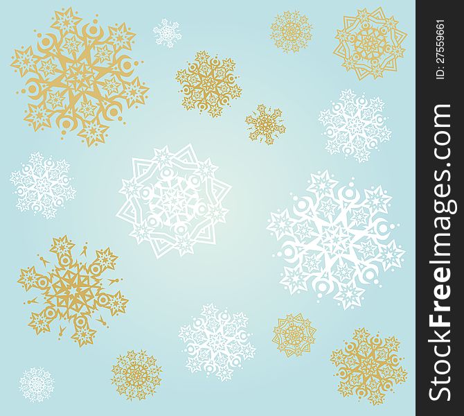 Light blue background with white and gold snowflakes. Light blue background with white and gold snowflakes